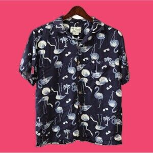 Trunks Medium Navy Blue Flamingo Print Button-Up Shirt | Resort Vacation Vibe